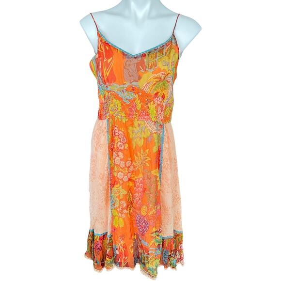 Y2K Boho Beaded Asian Orange Floral Spaghetti Strap Dress size M - Picture 1 of 7